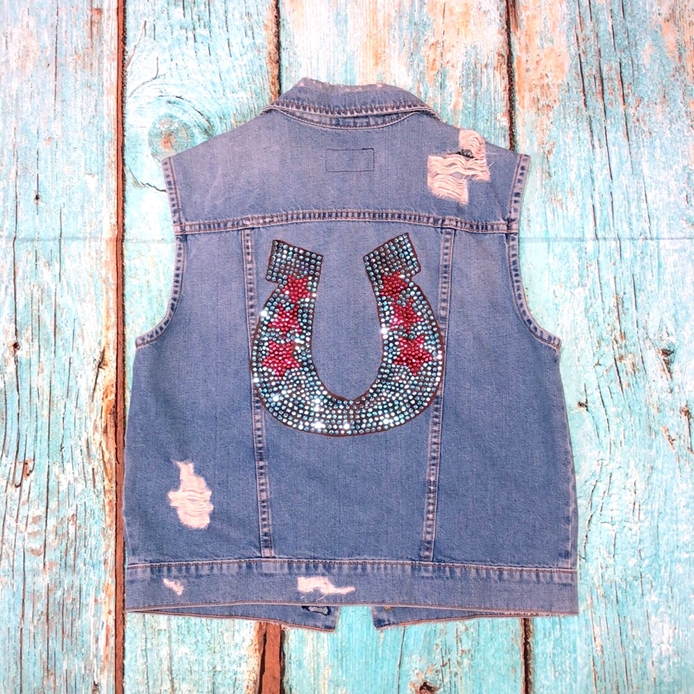 True Religion Custom Designed Distressed Denim Jean Jacket Vest